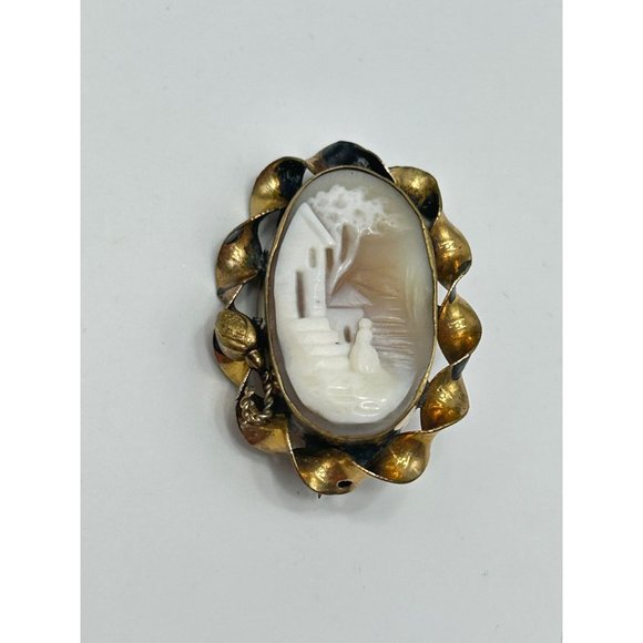 Vintage Carved Genuine Shell Cameo Brooch Rebecca at the Well Scenic Collectible - Picture 3 of 8